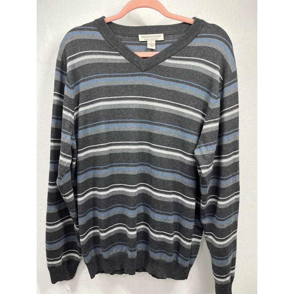Pronto Uomo size LARGE Cotton Cashmere V-neck GRAY Striped Sweater